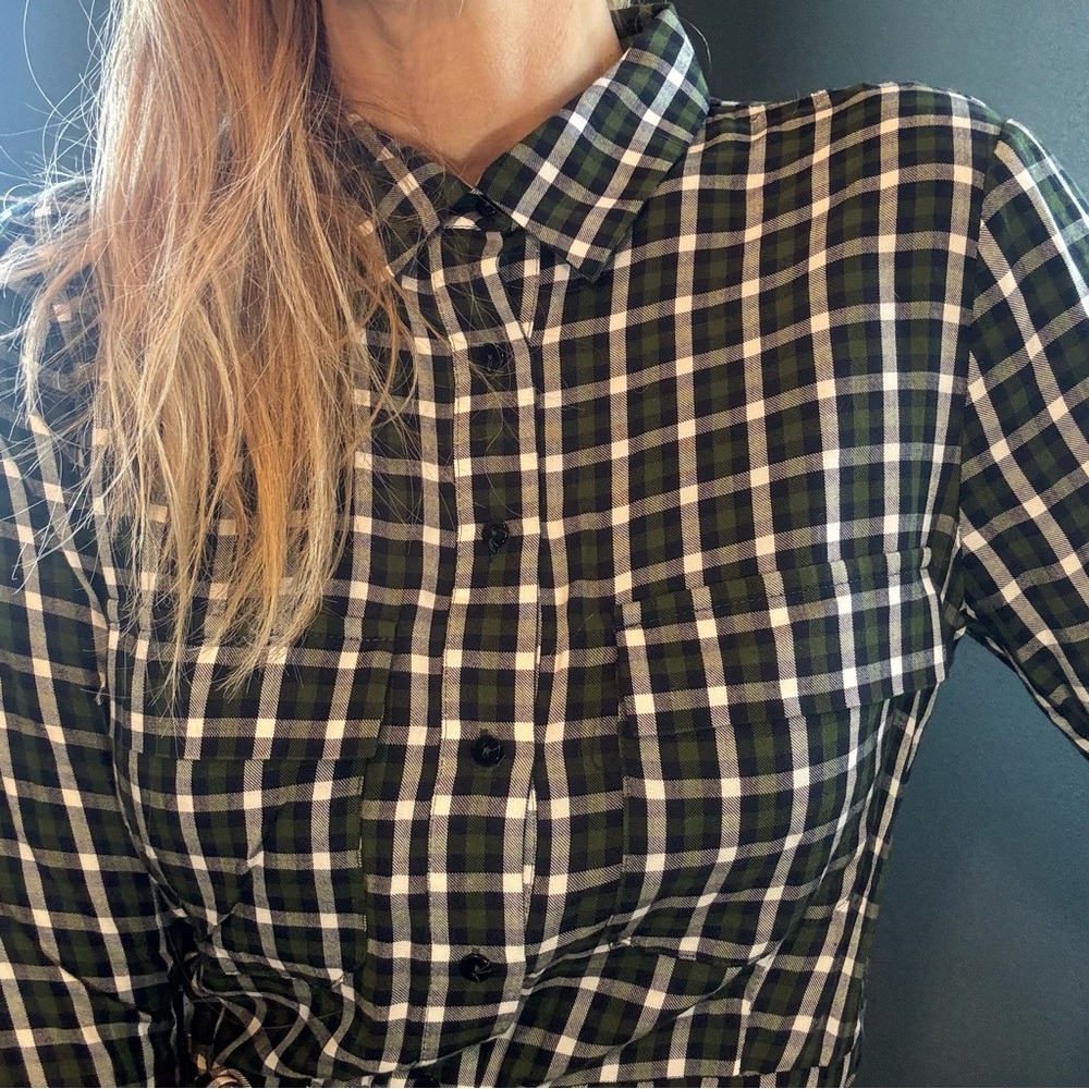 Zara Dark Green Checkered Long Sleeve Shirt Dress size Large - Picture 9 of 13